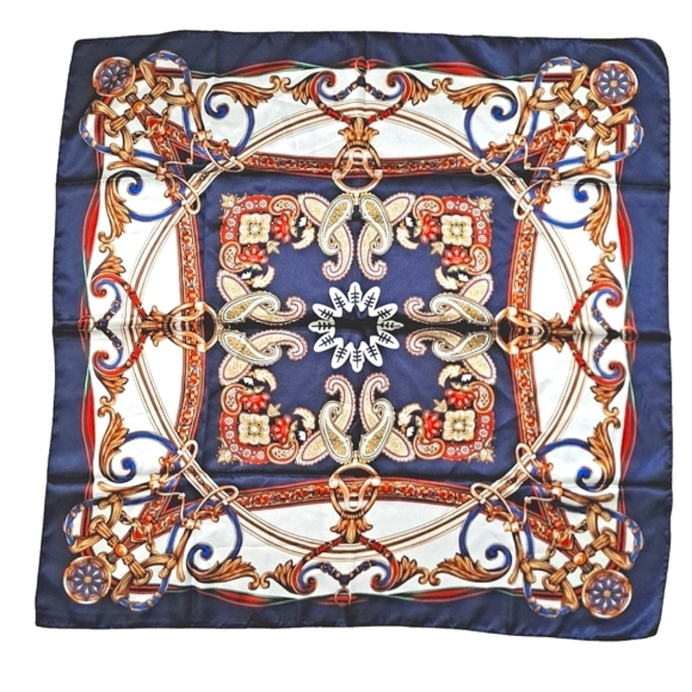 Oversized Satin Square Scarf Navy Equestrian Chain Print Baroque Preppy 💖